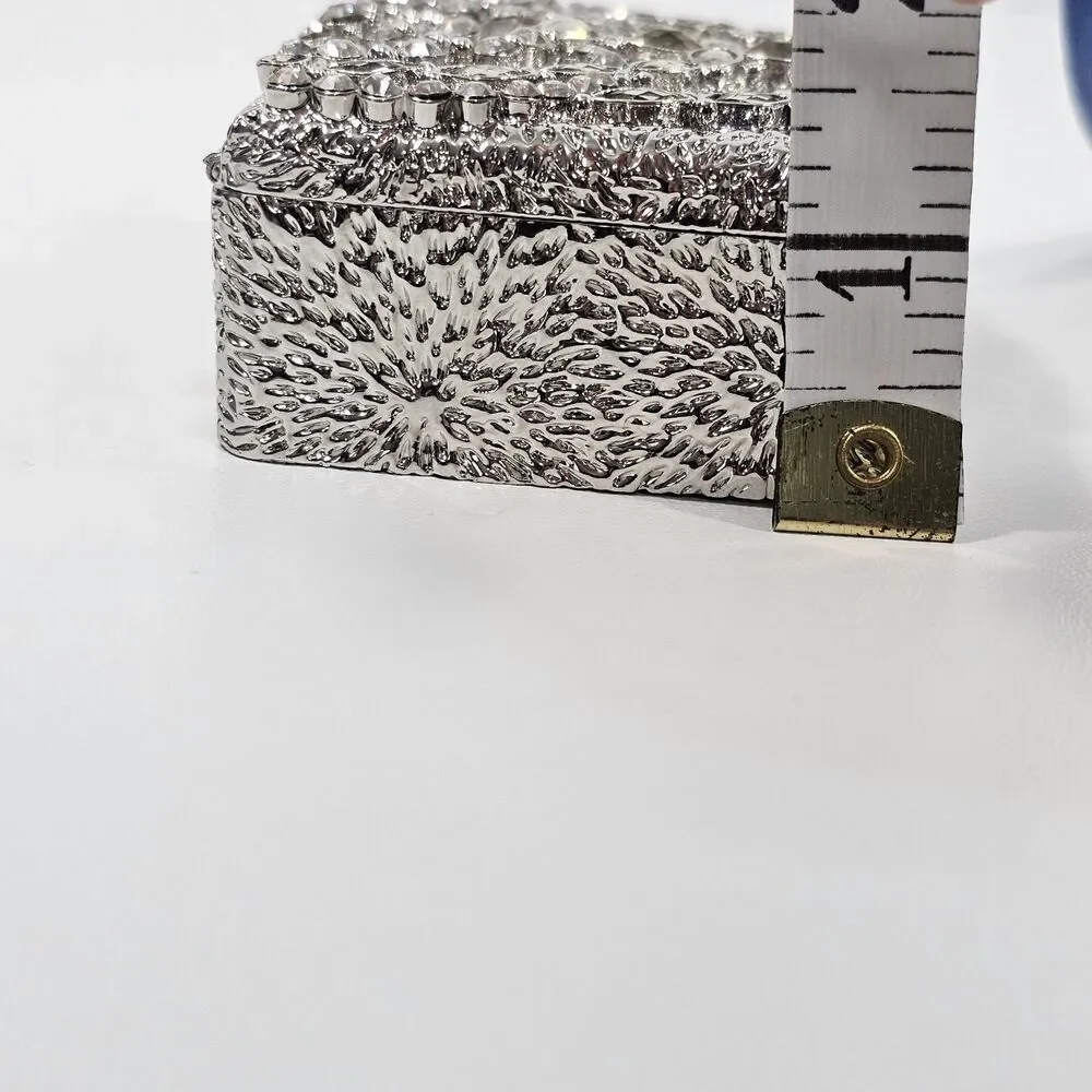 Silver Metal Rhinestone Trinket Box Ring Holder 3.5x2.5×1.5 Wedding Glam Bling